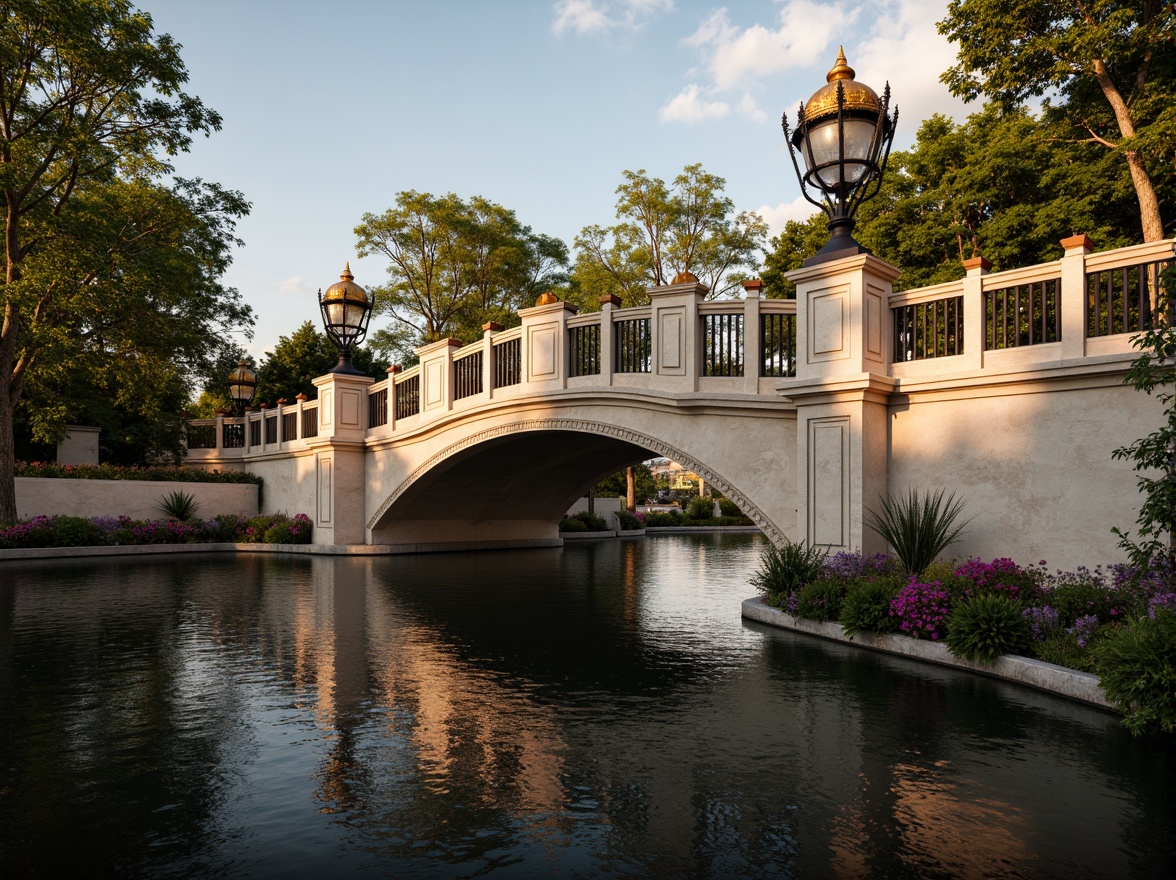 Prompt: Ornate bridge, grandiose arches, intricately carved stone balustrades, gilded accents, ornamental lanterns, majestic river views, serene water reflections, lush greenery, vibrant flowers, natural stone piers, decorative iron railings, sweeping curves, dramatic lighting, warm golden tones, high contrast shadows, 1/2 composition, atmospheric perspective, realistic textures, ambient occlusion.