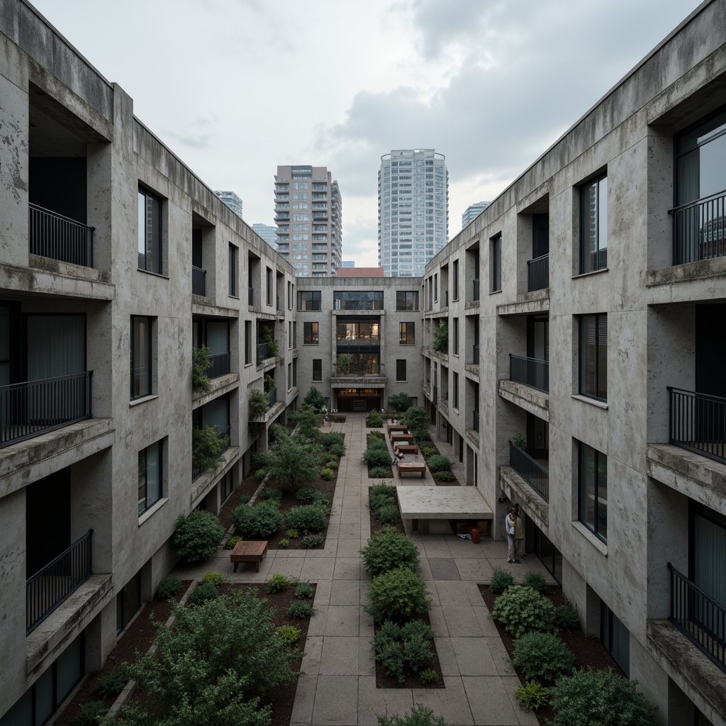 Prompt: Rugged student halls, brutalist architecture, raw concrete fa\u00e7ade, fortress-like structure, angular lines, geometric shapes, industrial materials, metal beams, exposed ductwork, minimalist design, functional simplicity, urban landscape, cityscape background, overcast sky, dramatic shadows, high-contrast lighting, 1/1 composition, symmetrical framing, realistic textures, ambient occlusion.