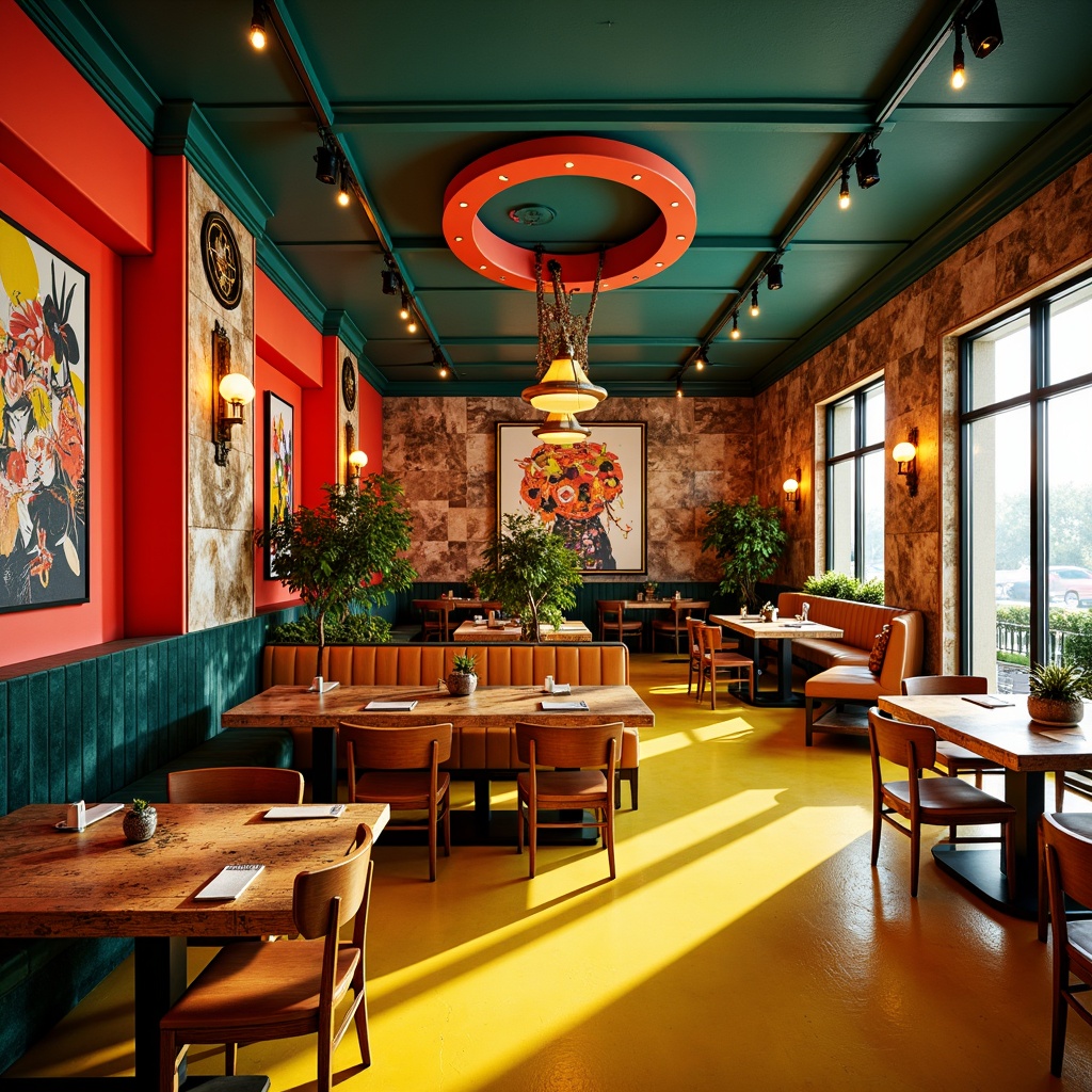 Prompt: Vibrant restaurant interior, expressionist art style, bold color palette, warm golden lighting, rich wood accents, eclectic furniture, abstract artwork, geometric patterns, bright coral walls, deep turquoise ceilings, sunny yellow floors, distressed metal decorations, reclaimed wood textures, industrial chic atmosphere, dramatic shadows, high contrast ratio, 1/2 composition, cinematic lighting, realistic reflections.