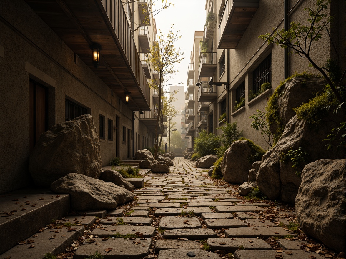 Prompt: Rugged rocky terrain, weathered stone walls, moss-covered boulders, ancient tree roots, twisted metal beams, distressed wooden planks, worn brick pathways, faded graffiti, urban cityscape, misty atmospheric perspective, warm golden lighting, high contrast ratio, shallow depth of field, 2/3 composition, cinematic camera angle, realistic normal mapping, ambient occlusion.