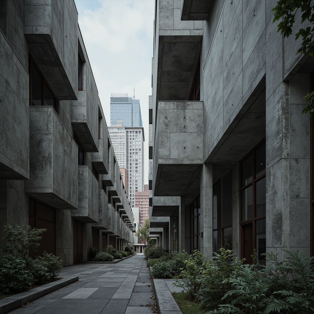 Prompt: Raw concrete walls, exposed ductwork, industrial pipes, brutalist fa\u00e7ades, fortress-like structures, geometric shapes, angular lines, rugged textures, monumental scale, urban landscapes, city skylines, dramatic lighting, high-contrast shadows, bold architectural forms, functional minimalism, raw materiality, brutal honesty, 3/4 composition, low-angle shot, cinematic atmosphere, gritty realism.