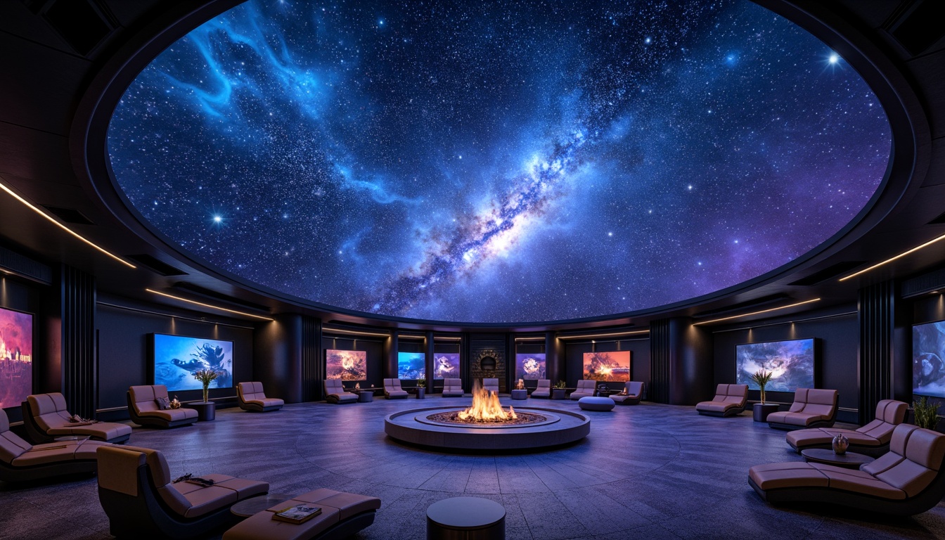 Prompt: Celestial planetarium dome, dark blues and purples, starry night sky, twinkling lights, nebula-inspired hues, iridescent colors, shimmering fabrics, metallic accents, futuristic architecture, spherical structure, immersive experience, 360-degree view, soft gradient lighting, atmospheric ambiance, mystical aura, cosmic-inspired patterns, glowing constellations, vibrant aurora borealis, ethereal mist, dreamy quality, surreal atmosphere.