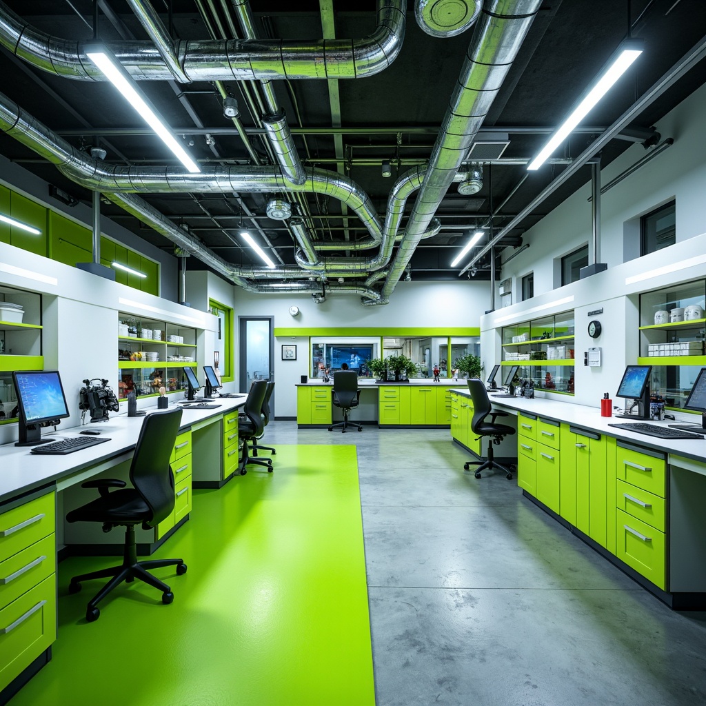 Prompt: Vibrant laboratory interior, bold color scheme, neon green accents, sleek metal equipment, futuristic workstations, ergonomic chairs, minimalist shelving units, industrial-style lighting fixtures, polished concrete floors, modular wall systems, adaptable experimental spaces, dynamic ceiling installations, LED strip lights, high-contrast visual displays, sterile white surfaces, safety glass partitions, precision instruments, advanced microscopy tools, collaborative research environments, natural light infusion, softbox diffused lighting, 1/1 composition, shallow depth of field.