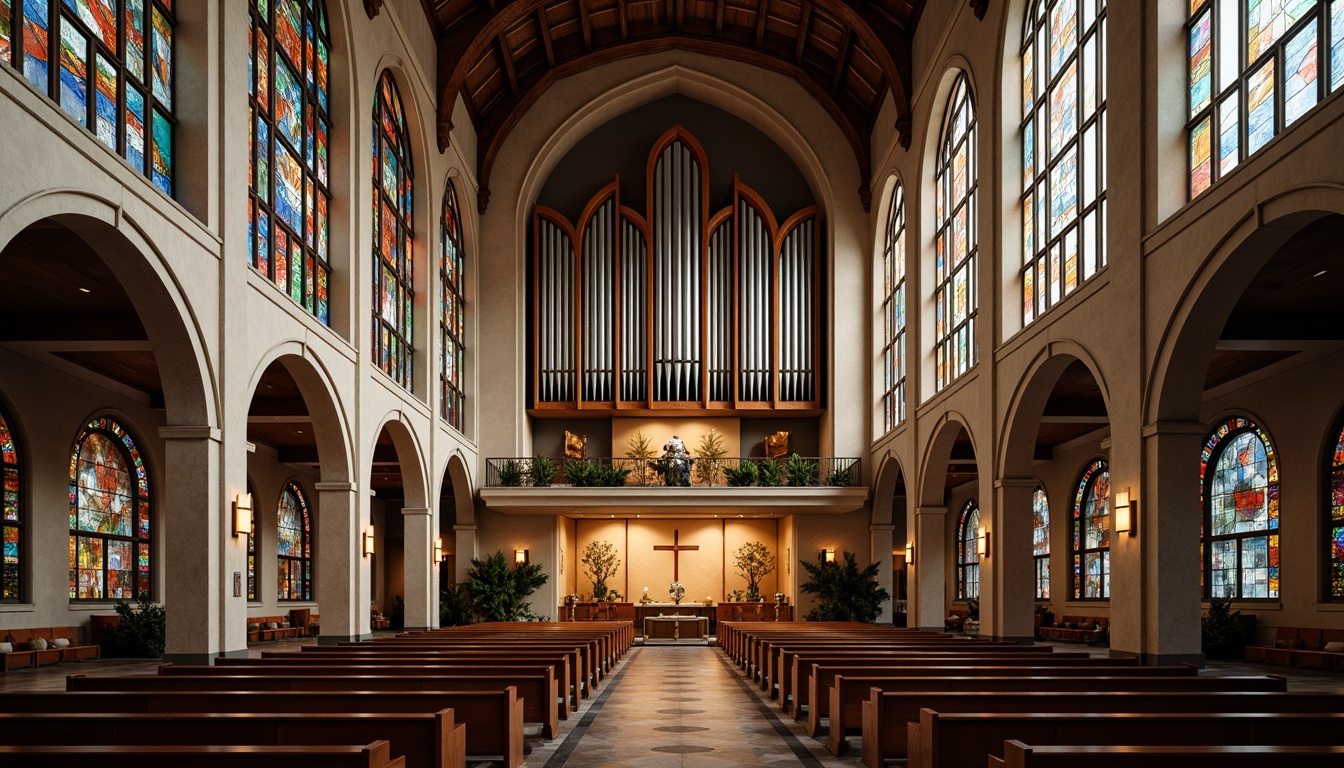 Prompt: Intricate stained glass windows, symmetrical arches, ornate vaulted ceilings, grandiose pipe organs, minimalist pews, sacred altars, geometric patterns, constructivist architecture, brutalist concrete structures, abstract sculptures, vibrant colorful mosaics, dramatic lighting effects, high contrast shadows, 1/1 composition, low-angle shot, warm golden hour lighting, realistic textures, ambient occlusion.