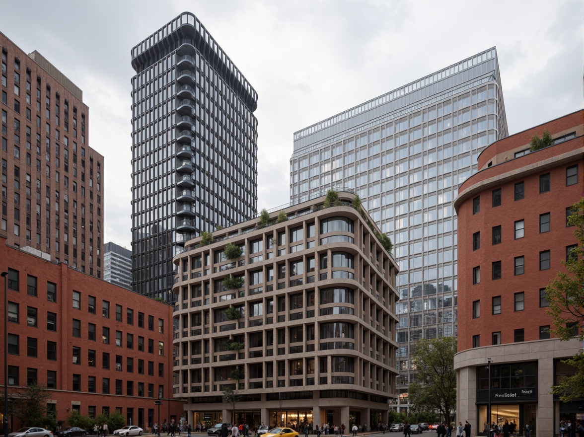 Prompt: Geometric facades, rectangular forms, primary color schemes, industrial materials, steel frames, glass windows, minimalist ornamentation, functional simplicity, urban cityscape, cloudy grey sky, dramatic shading, high contrast lighting, 1/1 composition, symmetrical balance, bold typography, abstract patterns, clean lines, modernist aesthetics, brutalist influences.