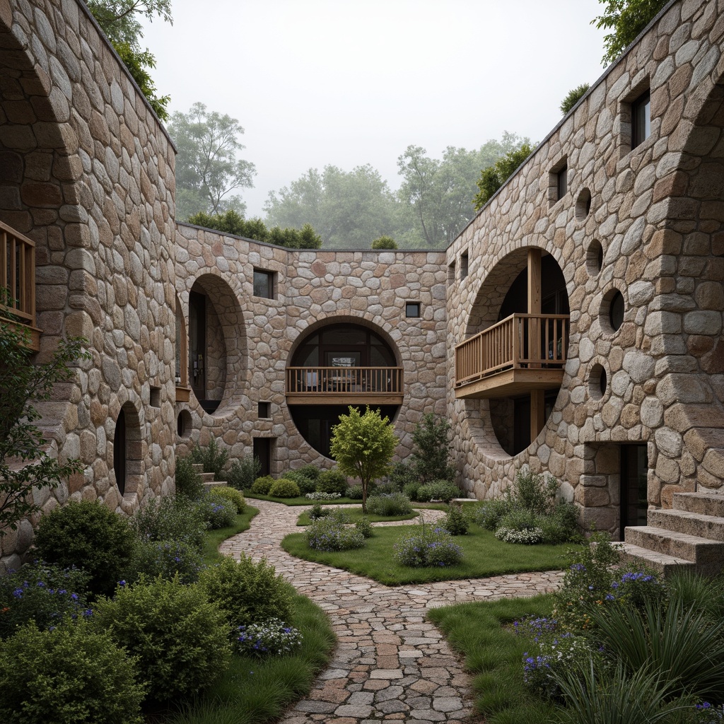 Prompt: Rustic stone walls, earthy tones, natural textures, recycled materials, eco-friendly mortar, low-carbon footprint, thermal massing, passive solar design, green roofs, living walls, breathable constructions, moisture-controlled systems, durable finishes, weathered steel accents, reclaimed wood features, organic forms, curved lines, earth-sheltered buildings, serene landscapes, misty mornings, soft natural lighting, shallow depth of field, 2/3 composition, realistic textures, ambient occlusion.