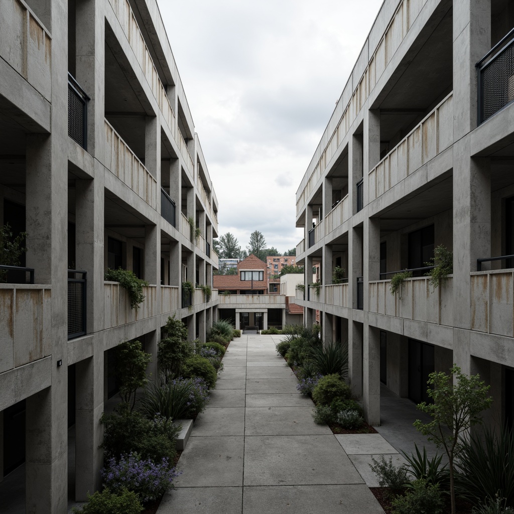 Prompt: Rugged student halls, brutalist architecture, raw concrete fa\u00e7ade, fortress-like structure, angular lines, geometric shapes, industrial materials, metal beams, exposed ductwork, minimalist design, functional simplicity, urban landscape, cityscape background, overcast sky, dramatic shadows, high-contrast lighting, 1/1 composition, symmetrical framing, realistic textures, ambient occlusion.