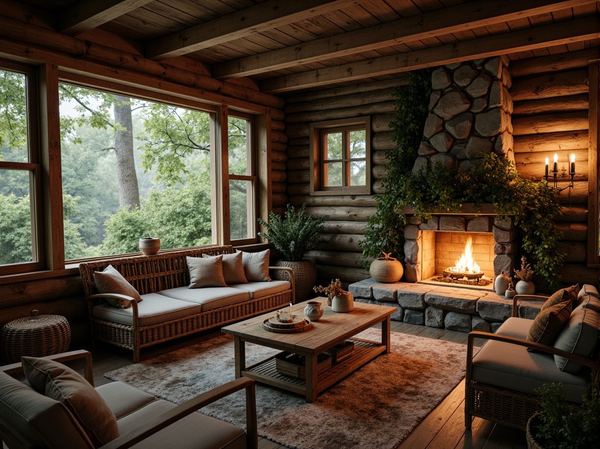 Prompt: Rustic wooden cabin, natural stone walls, earthy tones, reclaimed wood accents, woven wicker furniture, plush greenery, vines crawling up walls, warm candlelight, cozy fireplace, crackling sounds, organic textures, earthy aromas, serene forest surroundings, misty morning atmosphere, soft diffused lighting, 1/1 composition, intimate close-up shots, realistic material rendering.