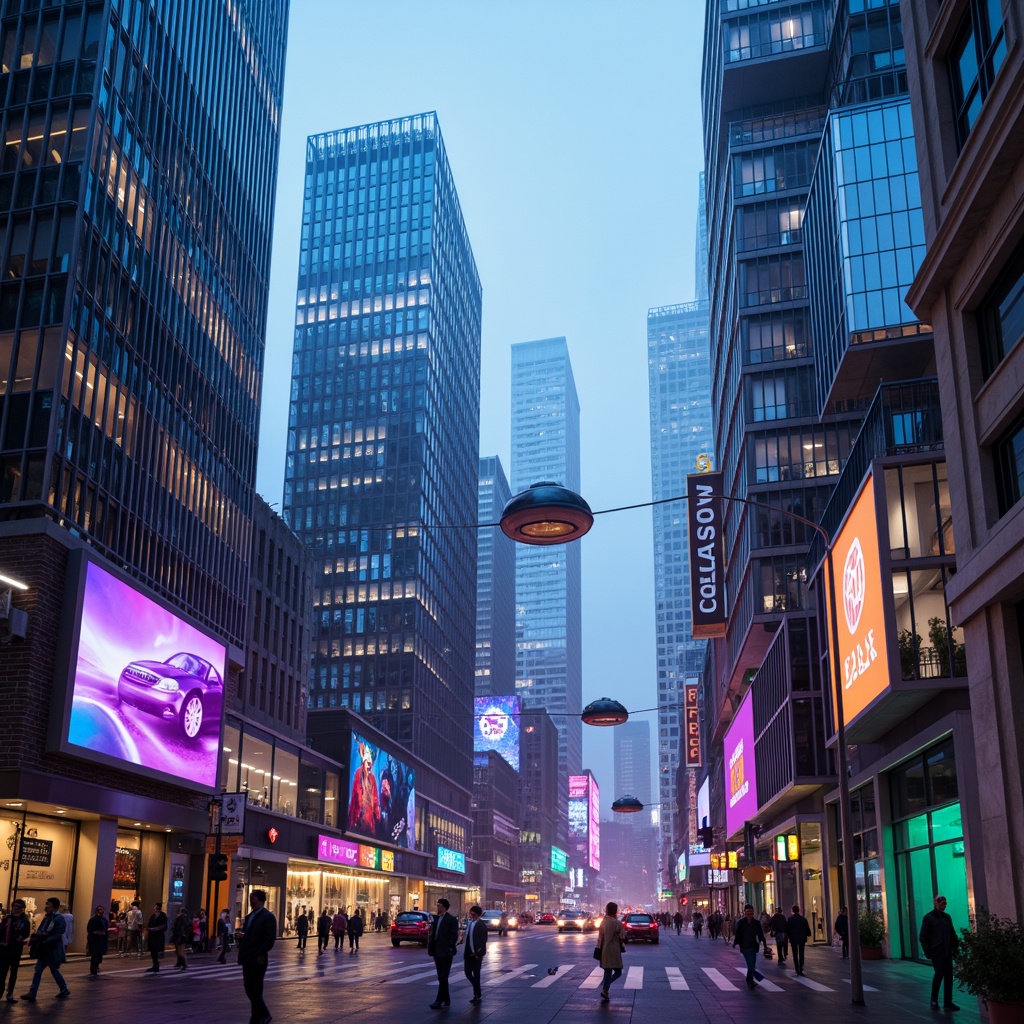 Prompt: Neon-lit skyscrapers, metallic silver accents, iridescent glass facades, holographic advertisements, cyberpunk cityscape, vibrant electric blue hues, neon green highlights, deep purple tones, rose gold details, sleek chrome lines, geometric patterns, futuristic urban landscape, high-tech infrastructure, levitating transportation pods, atmospheric mist, soft glowing ambiance, shallow depth of field, 1/1 composition, cinematic lighting, realistic reflections.