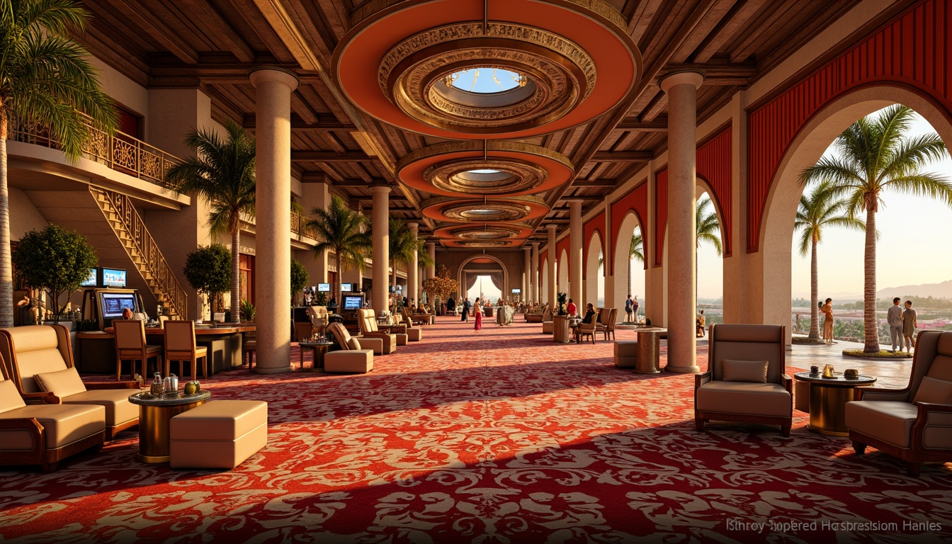 Prompt: Vibrant casino interior, luxurious textiles, bold geometric patterns, rich velvet fabrics, metallic accents, ornate chandeliers, grand staircases, lavish furnishings, opulent decorations, warm golden lighting, dramatic spotlights, shallow depth of field, 1/1 composition, realistic textures, ambient occlusion, regionalist architectural style, curved lines, ornate details, Mediterranean-inspired design, sun-kissed exterior, palm trees, warm desert landscape.