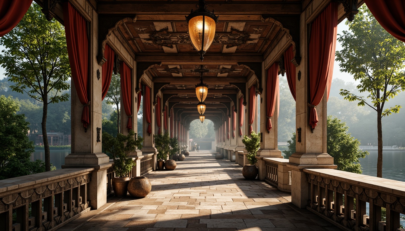 Prompt: Ornate Baroque bridge, rustic stone arches, intricately carved balustrades, polished bronze railings, ornamental lanterns, weathered copper roofing, distressed wooden decking, rich velvet draping, gilded accents, lavish crystal chandeliers, soft warm lighting, misty atmospheric effects, shallow depth of field, 1/2 composition, cinematic view, realistic textures, ambient occlusion.