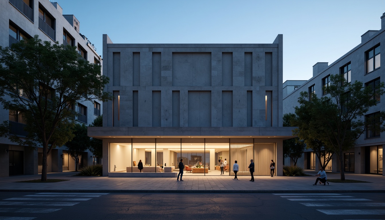 Prompt: Simple theater facade, minimalist architecture, clean lines, monochromatic color scheme, rectangular shapes, flat roofs, large glass windows, sliding doors, industrial materials, exposed concrete walls, subtle lighting, dramatic shadows, urban cityscape, evening atmosphere, soft box lights, 1/1 composition, realistic textures, ambient occlusion.