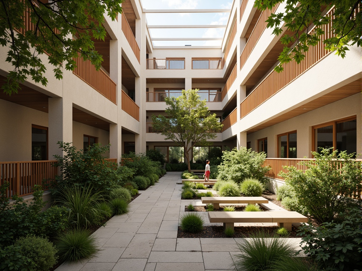 Prompt: Vibrant atrium, lush greenery, natural stone walls, wooden accents, floor-to-ceiling windows, clerestory windows, skylights, open spaces, minimalist decor, warm beige tones, soft diffused lighting, indirect sunlight, ambient shadows, 1/1 composition, shallow depth of field, realistic textures, subtle color palette, serene atmosphere, peaceful ambiance.