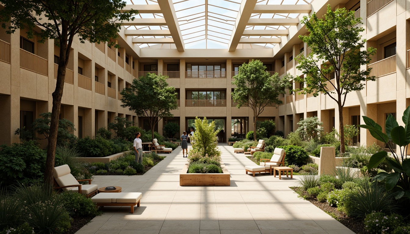 Prompt: Vibrant atrium, lush greenery, natural stone walls, wooden accents, floor-to-ceiling windows, clerestory windows, skylights, open spaces, minimalist decor, warm beige tones, soft diffused lighting, indirect sunlight, ambient shadows, 1/1 composition, realistic textures, subtle color palette, serene atmosphere, peaceful ambiance, organic forms, sustainable materials, eco-friendly design.