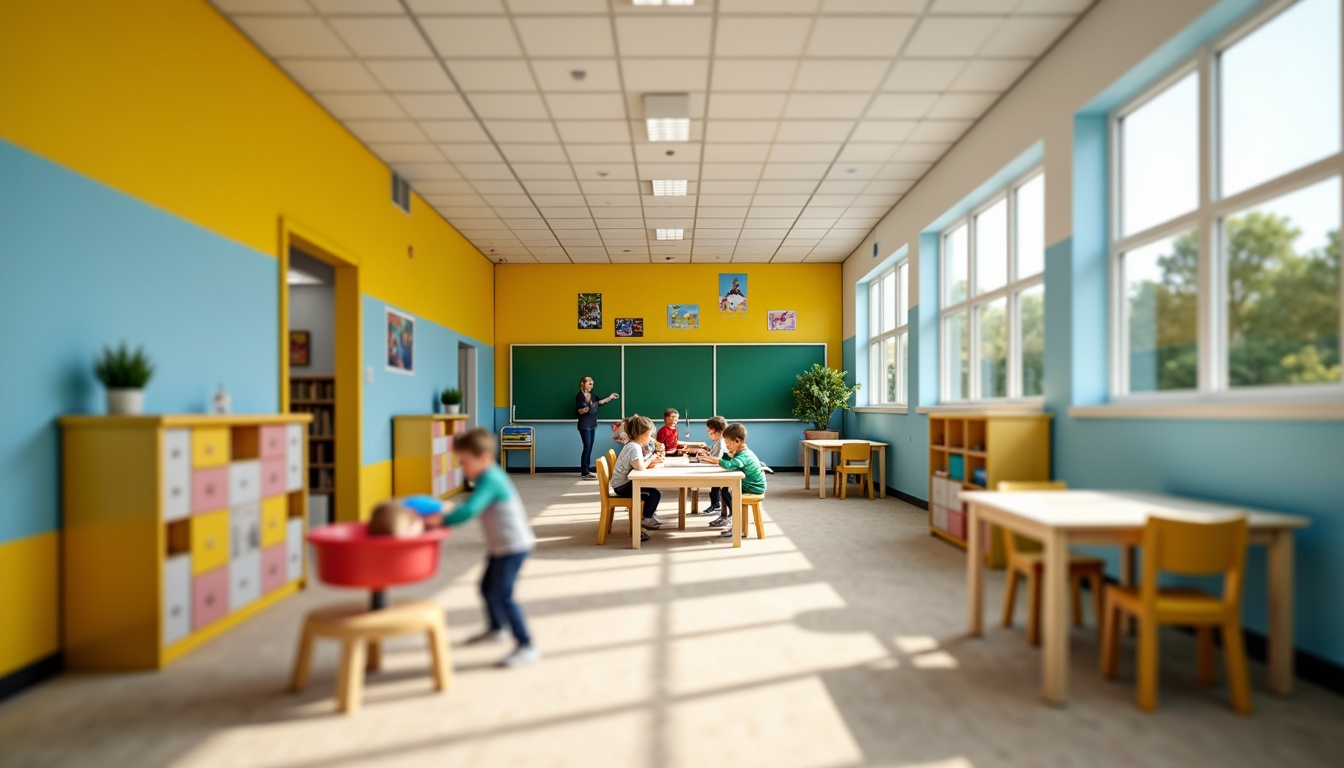 Prompt: Vibrant elementary school, playful kindergarten, bright yellow walls, sky blue accents, green chalkboard, wooden desks, colorful lockers, educational posters, natural light, open classrooms, modern furniture, ergonomic chairs, collaborative learning spaces, interactive whiteboards, stimulating color scheme, warm beige floors, soft pastel shades, calming atmosphere, shallow depth of field, 1/1 composition, realistic textures, ambient occlusion.