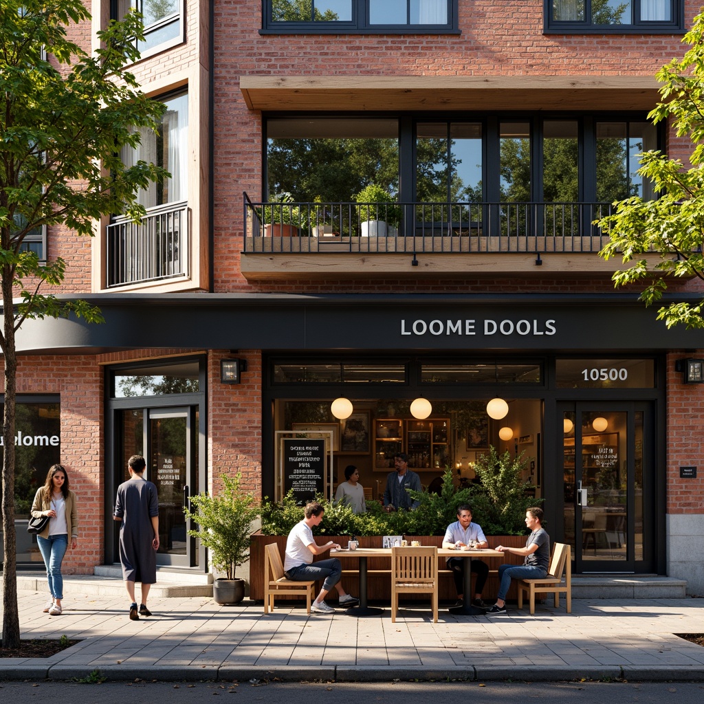 Prompt: Urban coffee shop, industrial chic facade, exposed brick walls, metal frames, large glass windows, wooden accents, modern signage, vibrant street art, bustling city atmosphere, morning sunlight, warm golden lighting, shallow depth of field, 1/1 composition, realistic textures, ambient occlusion.