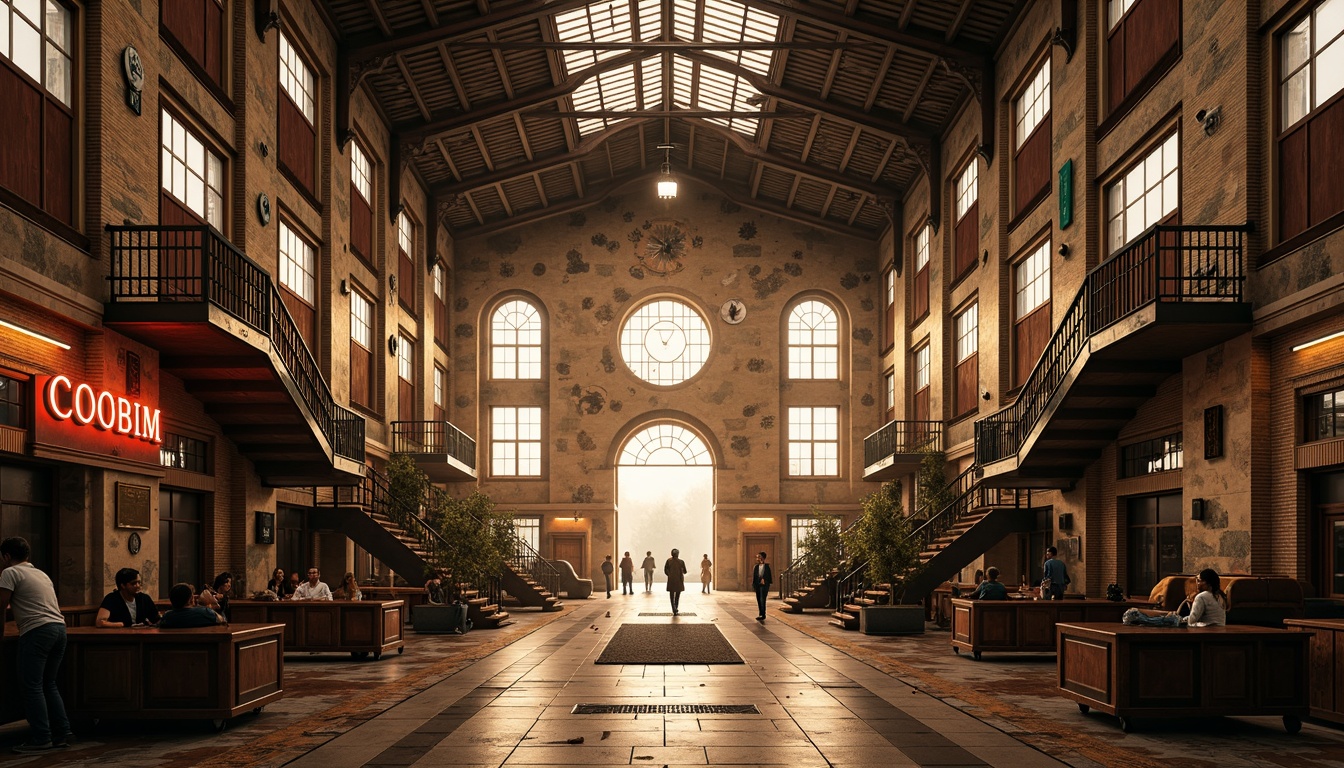 Prompt: Vibrant train station, expressionist architecture, bold geometric shapes, contrasting colors, warm golden lighting, industrial metal beams, distressed brick walls, ornate ironwork, grand staircases, intricate mosaics, eclectic art deco patterns, rich wood accents, vintage luggage carts, nostalgic steam engine details, atmospheric foggy day, dramatic shadows, cinematic low-angle shot, 1/2 composition, moody warm color grading, realistic textures, ambient occlusion.