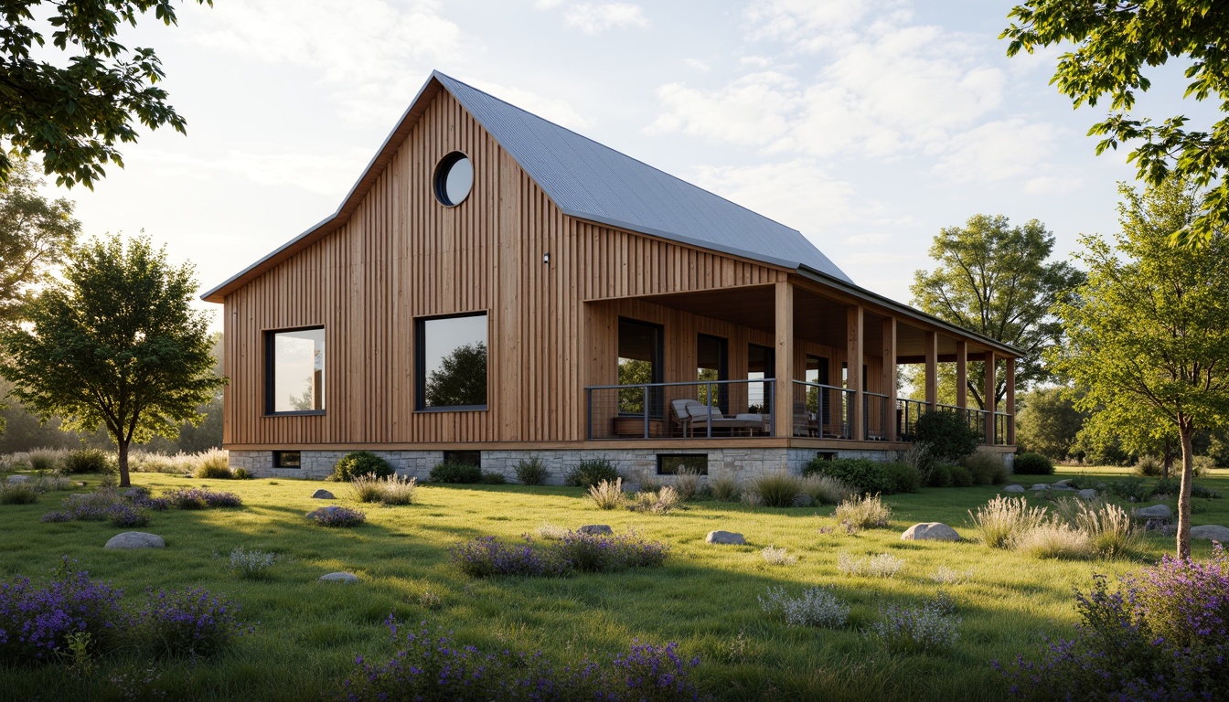 Prompt: Rustic barn, modern farmhouse, wooden accents, metal roofing, vertical boards, sliding glass doors, minimalist decor, natural stone foundation, lush greenery, wildflowers, rural landscape, sunny afternoon, soft warm lighting, shallow depth of field, 3/4 composition, panoramic view, realistic textures, ambient occlusion.