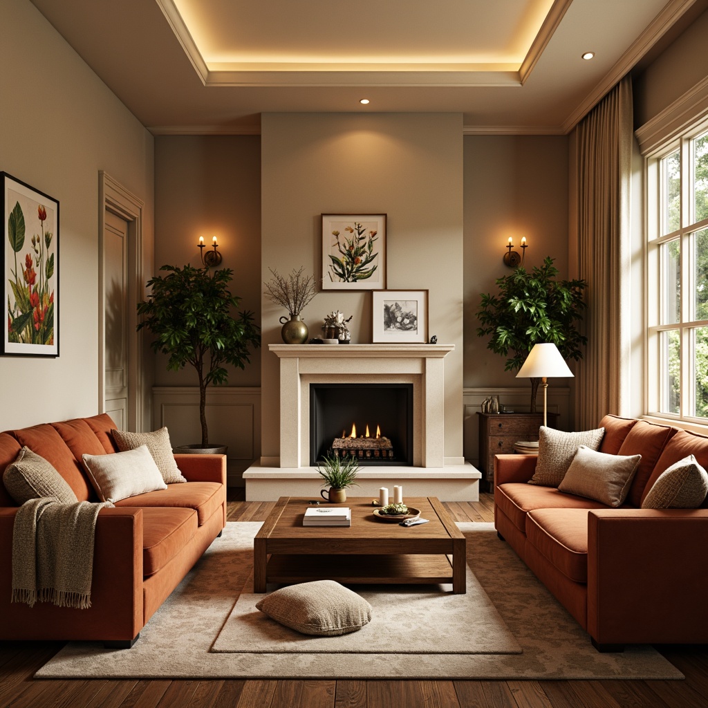 Prompt: Cozy living room, warm beige walls, rich walnut wood furniture, plush velvet sofas, soft golden lighting, natural stone fireplace, earthy terracotta accents, calming botanical prints, creamy white trim, subtle texture contrasts, inviting atmosphere, 1/1 composition, shallow depth of field, realistic renderings.