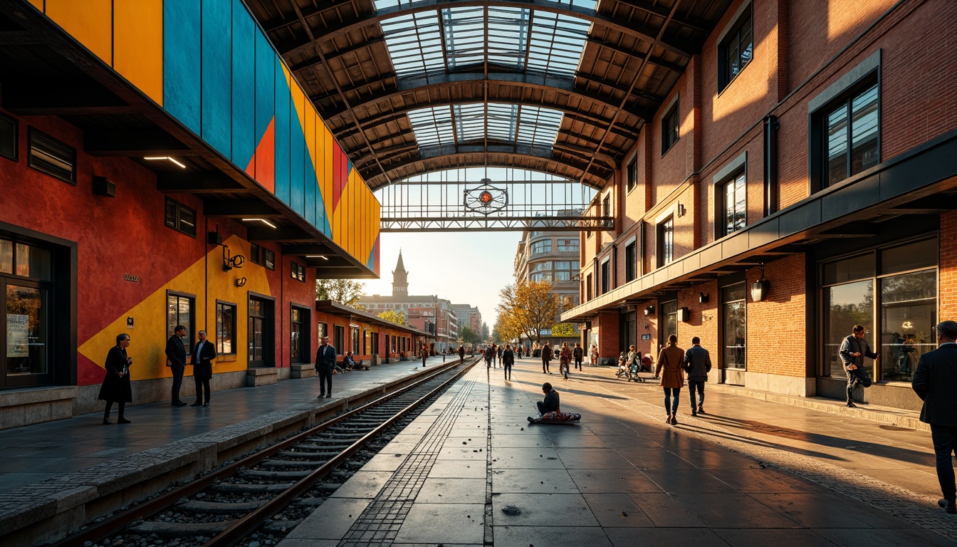 Prompt: Vibrant train station, expressionist architecture, bold geometric shapes, bright primary colors, contrasting secondary hues, industrial metal beams, exposed brick walls, distressed concrete textures, urban cityscape, bustling streets, morning rush hour, warm golden lighting, shallow depth of field, 1/2 composition, dramatic shadows, cinematic atmosphere, gritty realistic details.