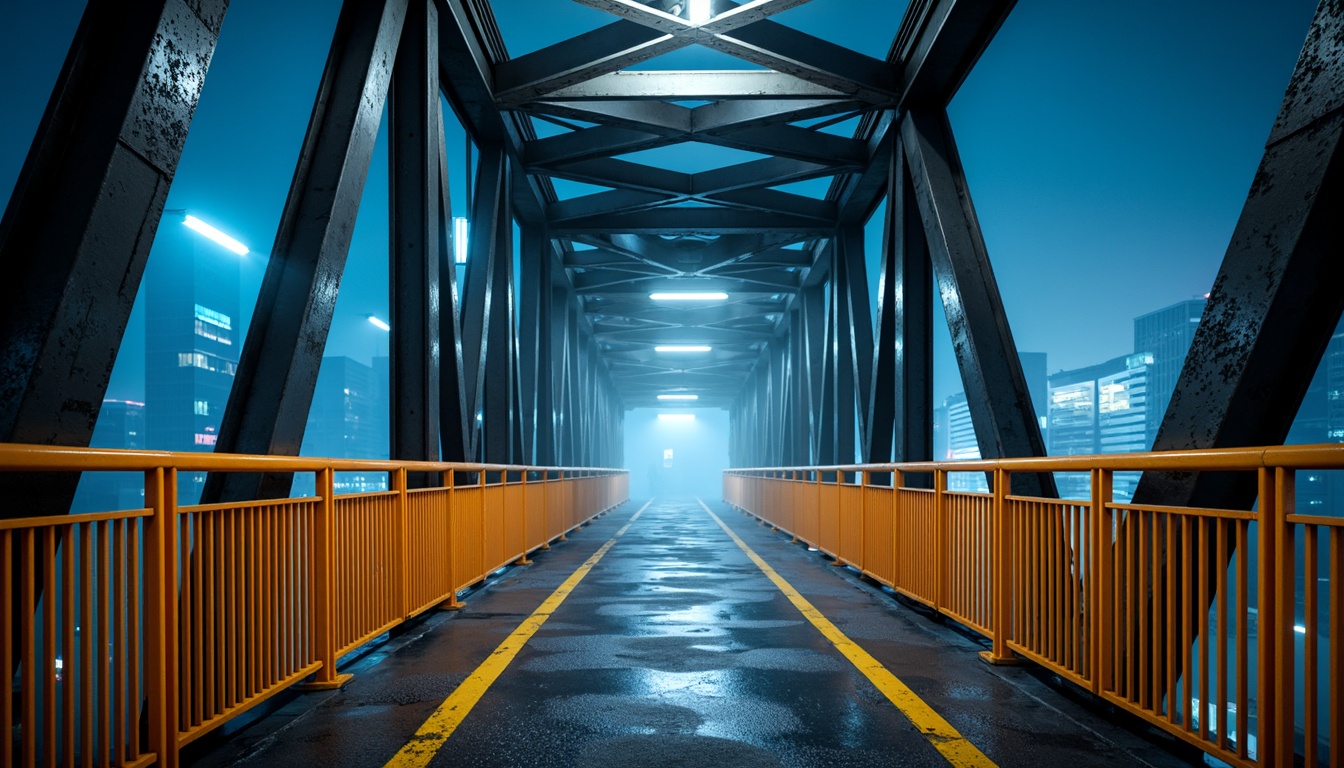 Prompt: Modern urban bridge, sleek metal structure, bold industrial colors, dark grey steel beams, bright orange accents, vibrant yellow safety rails, cool blue LED lighting, misty atmospheric effects, shallow depth of field, 1/1 composition, realistic metallic textures, ambient occlusion.