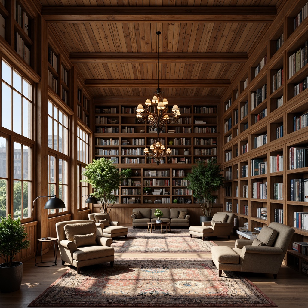 Prompt: Cozy library atmosphere, warm wooden shelves, comfortable reading nooks, soft cushioned chairs, rich leather-bound books, vintage bookcases, elegant chandeliers, calming color scheme, earthy tones, soothing blues, muted greens, creamy whites, warm beige, rustic wood accents, natural stone walls, floor-to-ceiling windows, abundant natural light, subtle texture overlays, realistic material reflections, 1/1 composition, intimate close-up shots, softbox lighting.