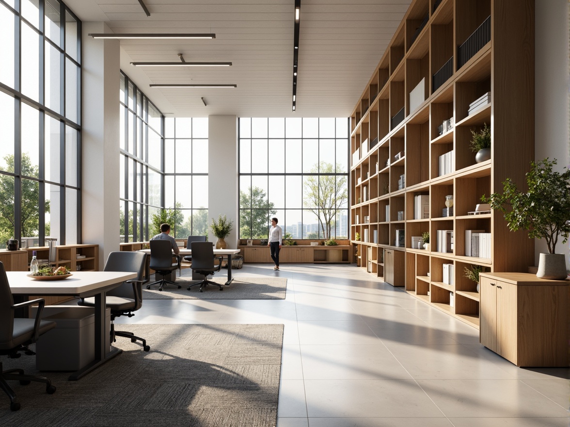 Prompt: Modern minimalist office space, sleek metal desks, ergonomic chairs, ample natural light, floor-to-ceiling windows, open shelving units, organized storage systems, collaborative workstations, acoustic panels, sound-absorbing materials, calming color scheme, soft warm lighting, 1/1 composition, shallow depth of field, realistic textures, ambient occlusion.