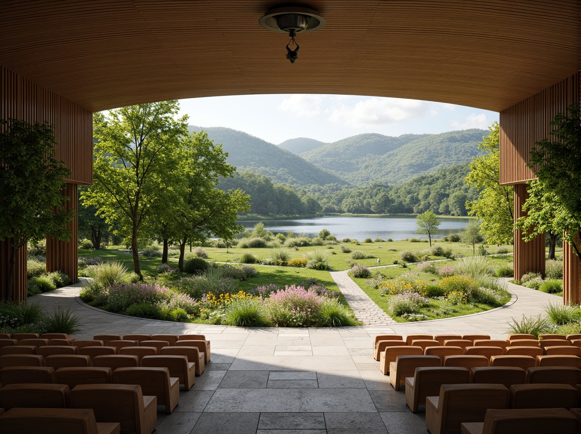 Prompt: \Grand auditorium, lush green walls, natural stone flooring, wooden accents, curved lines, minimalist design, floor-to-ceiling windows, panoramic views, outdoor landscape integration, rolling hills, serene lake, walking trails, native flora, vibrant wildflowers, sunny day, soft warm lighting, shallow depth of field, 3/4 composition, realistic textures, ambient occlusion.\