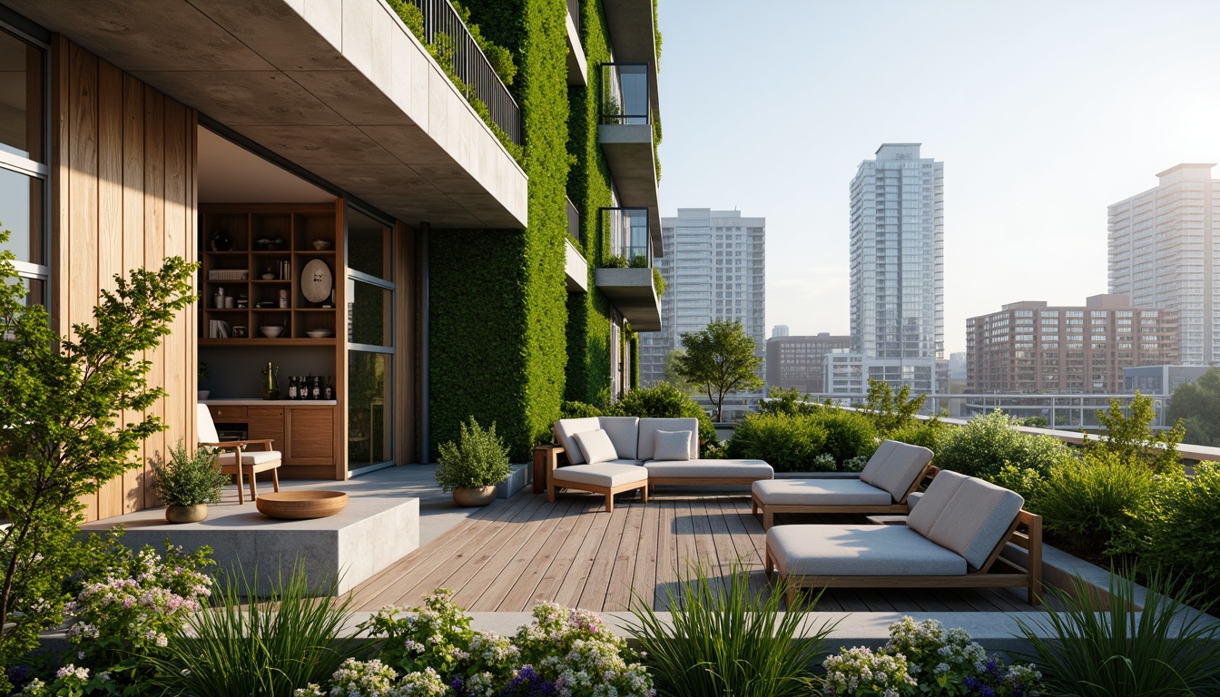 Prompt: Luxurious penthouse, lush green roofs, living walls, vertical gardens, eco-friendly materials, reclaimed wood accents, low-carbon concrete, solar panels, wind turbines, rainwater harvesting systems, grey water reuse, bamboo flooring, recycled glass countertops, energy-efficient appliances, floor-to-ceiling windows, sliding glass doors, panoramic city views, soft natural lighting, 1/1 composition, shallow depth of field, realistic textures, ambient occlusion.