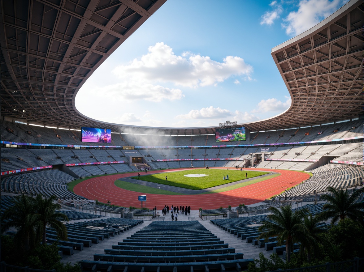 Prompt: Futuristic sports complex, undulating terrain, neon-lit athletic tracks, sleek metallic bleachers, holographic scoreboards, iridescent stadium roofs, glowing accents, vibrant LED lighting, misty atmospheric effects, shallow depth of field, 3/4 composition, panoramic view, realistic textures, ambient occlusion, lush greenery, tropical plants, palm trees, sunny day, warm soft focus, dynamic camera movements.