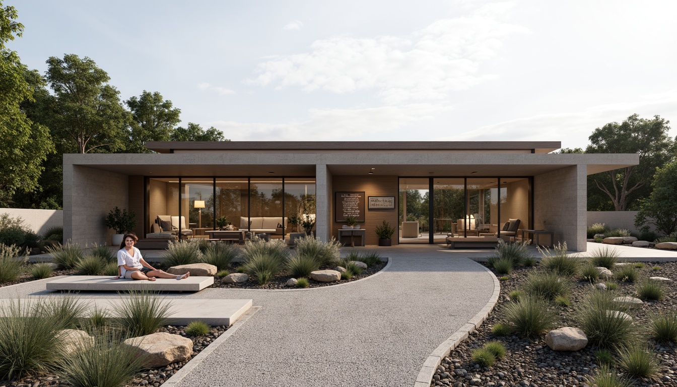 Prompt: Sleek visitor center, minimalist architecture, natural stone walls, large glass windows, sliding doors, open floor plan, low-profile roofs, subtle lighting, native plant species, gravel pathways, weathered wood accents, simple signage, organic shapes, earthy color palette, seamless integration with surroundings, panoramic views, shallow depth of field, 3/4 composition, realistic textures, ambient occlusion.