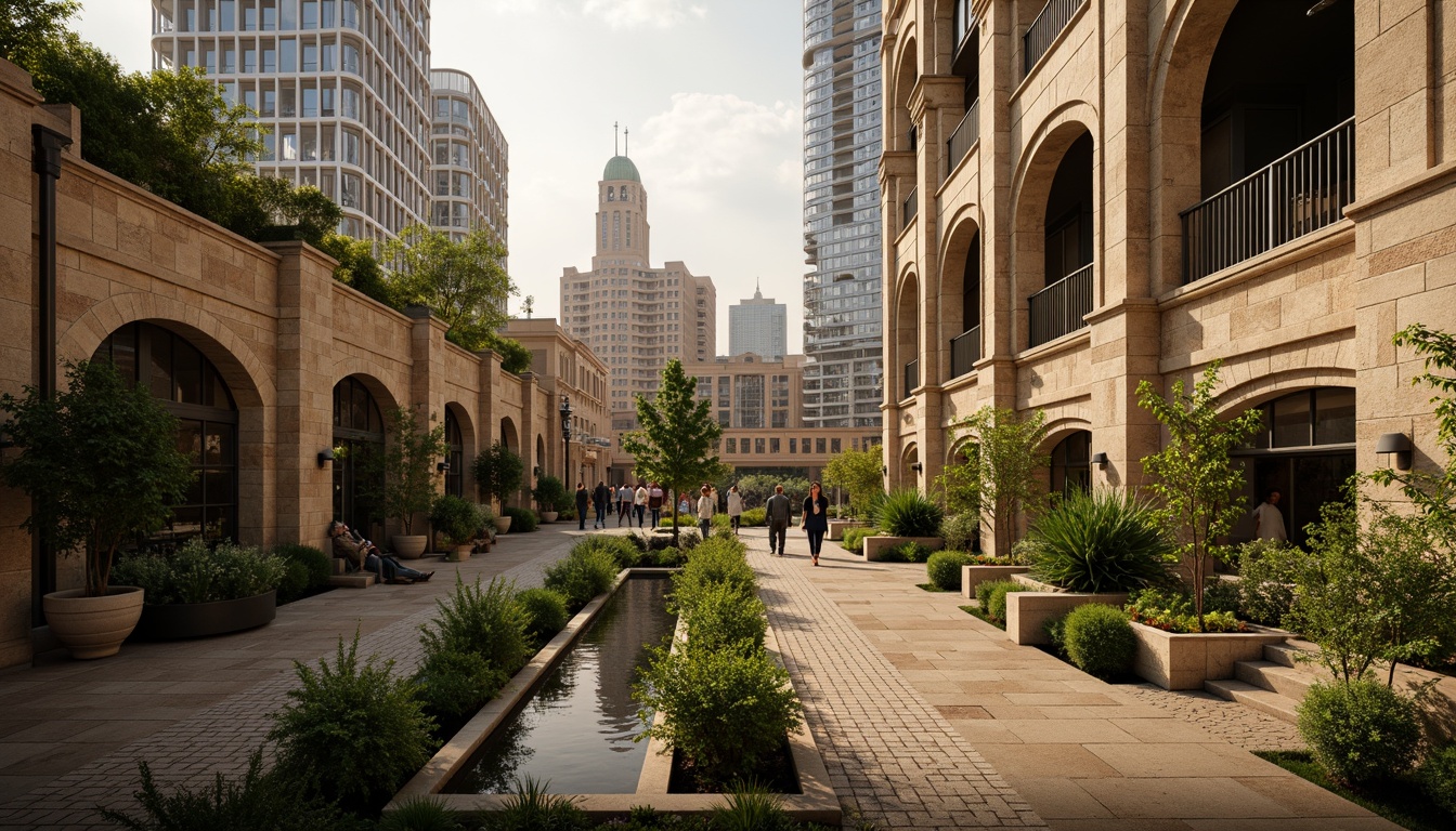 Prompt: Ancient Roman-inspired skyscraper, grand arches, ornate columns, rusticated stone walls, lush green roofs, verdant vertical gardens, cascading water features, natural stone walkways, intricate mosaics, warm golden lighting, soft focus, shallow depth of field, 1/2 composition, symmetrical framing, realistic textures, ambient occlusion, bustling cityscape, vibrant urban atmosphere.