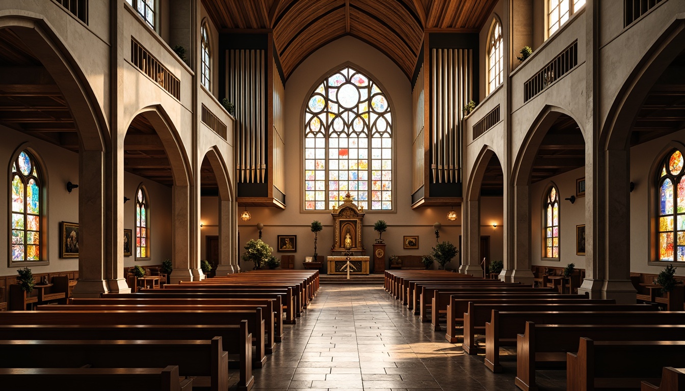 Prompt: Intricate stained glass windows, symmetrical arches, ornate vaulted ceilings, grandiose pipe organs, minimalist pews, sacred altars, geometric patterns, constructivist architecture, brutalist concrete structures, abstract sculptures, vibrant colorful mosaics, dramatic lighting effects, high contrast shadows, 1/1 composition, low-angle shot, warm golden hour lighting, realistic textures, ambient occlusion.