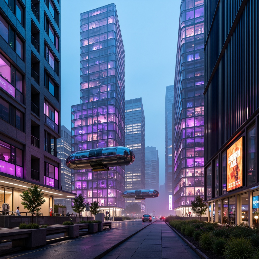 Prompt: Neon-lit skyscrapers, metallic silver accents, iridescent glass facades, holographic advertisements, cyberpunk cityscape, vibrant electric blue hues, neon green highlights, deep purple tones, rose gold details, sleek chrome lines, geometric patterns, futuristic urban landscape, high-tech infrastructure, levitating transportation pods, atmospheric mist, soft glowing ambiance, shallow depth of field, 1/1 composition, cinematic lighting, realistic reflections.