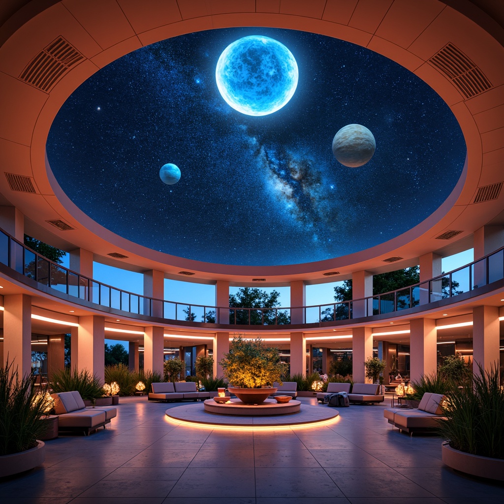 Prompt: Cosmic planetarium, futuristic dome structure, geometric shapes, Bauhaus-inspired design, bold color blocking, abstract patterns, circular orbits, starry night sky, neon-lit constellations, minimalist furniture, sleek metal accents, glass partitions, ambient lighting, 3/4 composition, low-angle shot, cinematic atmosphere, realistic textures, subtle animations.