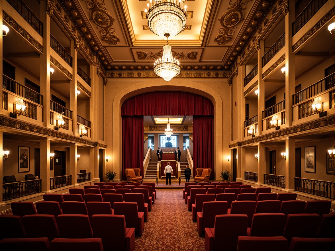 Prompt: Grand auditorium, ornate chandeliers, intricate moldings, luxurious velvet curtains, polished wooden floors, elegant staircases, majestic balconies, ornamental railings, gilded accents, crystal sconces, plush seating areas, richly patterned carpets, dramatic spotlights, warm golden lighting, shallow depth of field, 1/2 composition, symmetrical framing, realistic textures, ambient occlusion.