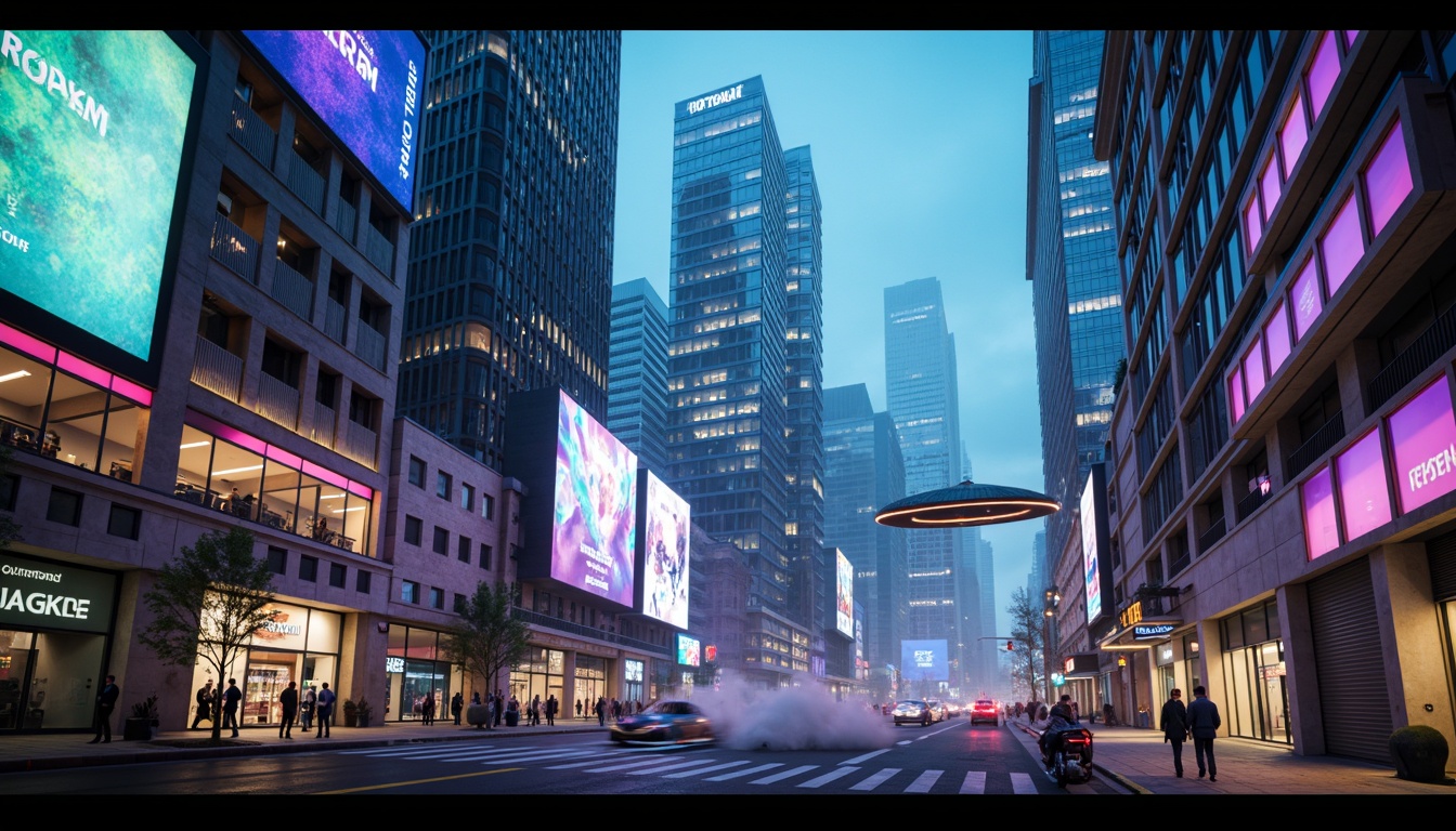 Prompt: Neon-lit skyscrapers, metallic silver accents, iridescent glass facades, holographic advertisements, cyberpunk cityscape, vibrant electric blue hues, neon green highlights, deep purple tones, rose gold details, sleek chrome lines, geometric patterns, futuristic urban landscape, high-tech infrastructure, levitating transportation pods, atmospheric mist, soft glowing ambiance, shallow depth of field, 1/1 composition, cinematic lighting, realistic reflections.