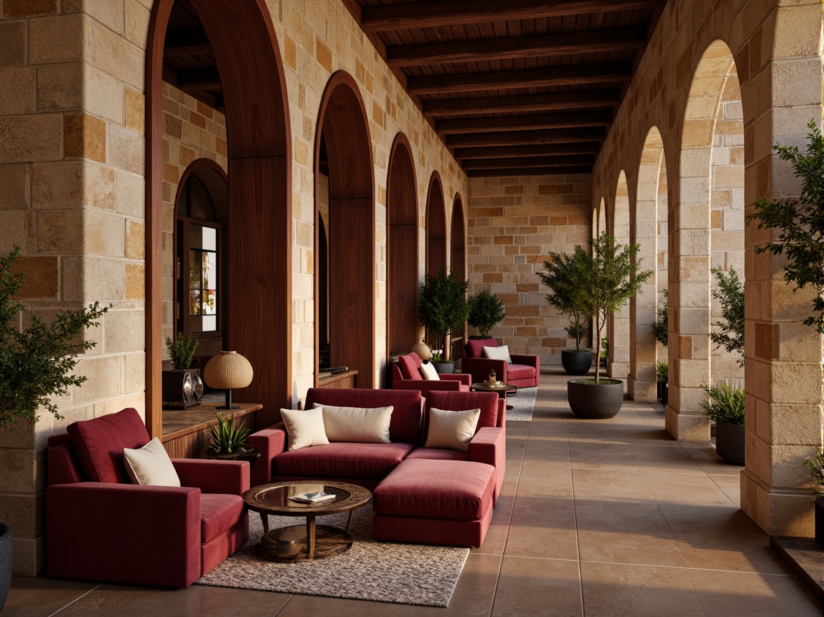 Prompt: Rustic sandstone walls, burgundy accent stones, earthy tones, natural textures, organic forms, warm ambient lighting, soft shadows, cozy atmosphere, intimate spaces, luxurious furnishings, velvet fabrics, rich wood accents, ornate metal details, subtle patterns, elegant archways, sophisticated interior design, refined color palette, tactile experiences, inviting ambiance.