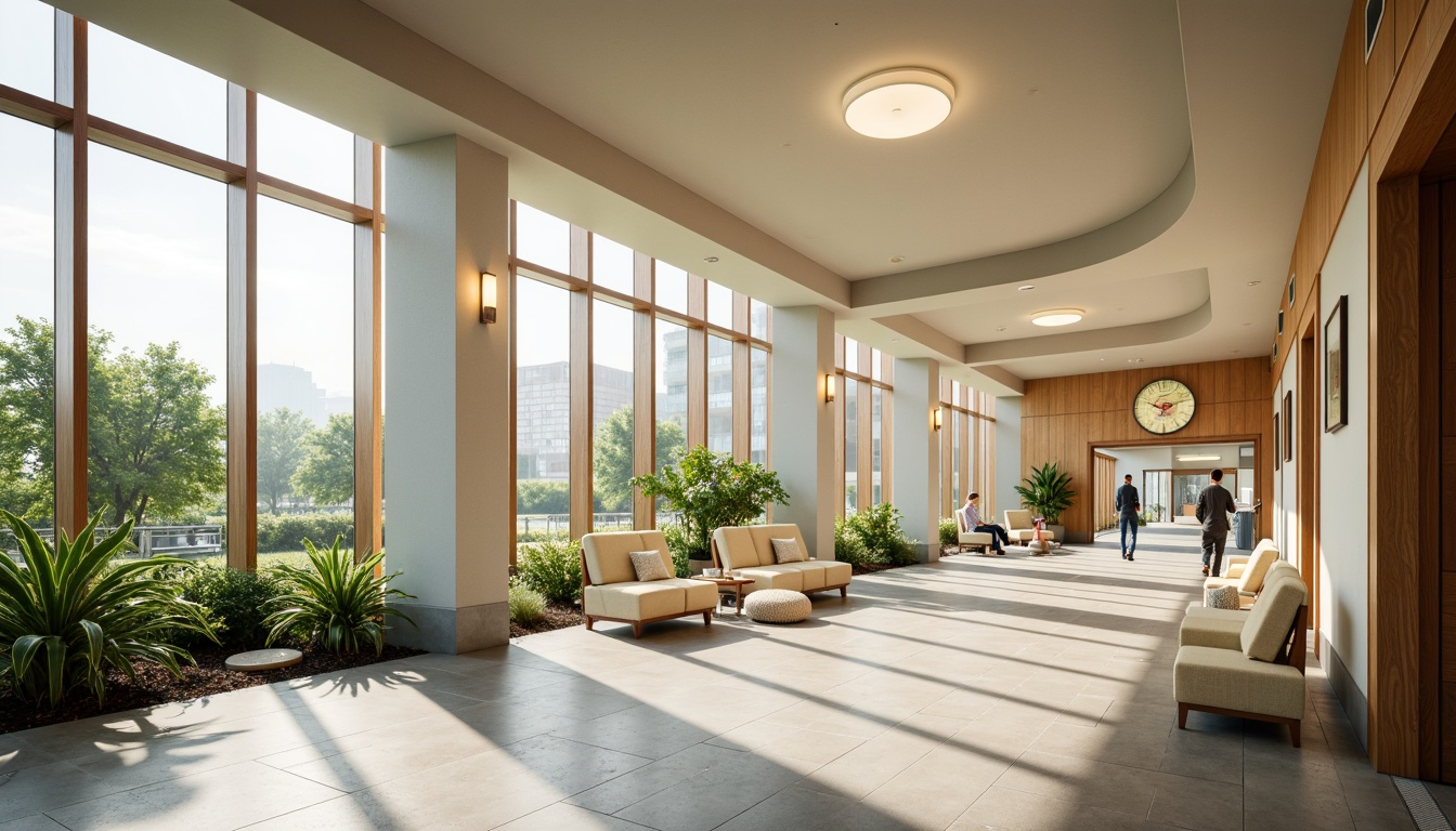 Prompt: Serene hospital interior, abundant natural light, floor-to-ceiling windows, greenery views, calming atmosphere, warm wood accents, soft pastel colors, gentle curves, minimalist decor, comfortable seating areas, quiet reading nooks, soothing water features, peaceful artwork, natural stone flooring, warm beige walls, modern medical equipment, sleek metal fixtures, subtle ambient lighting, shallow depth of field, 1/1 composition, realistic textures, ambient occlusion.