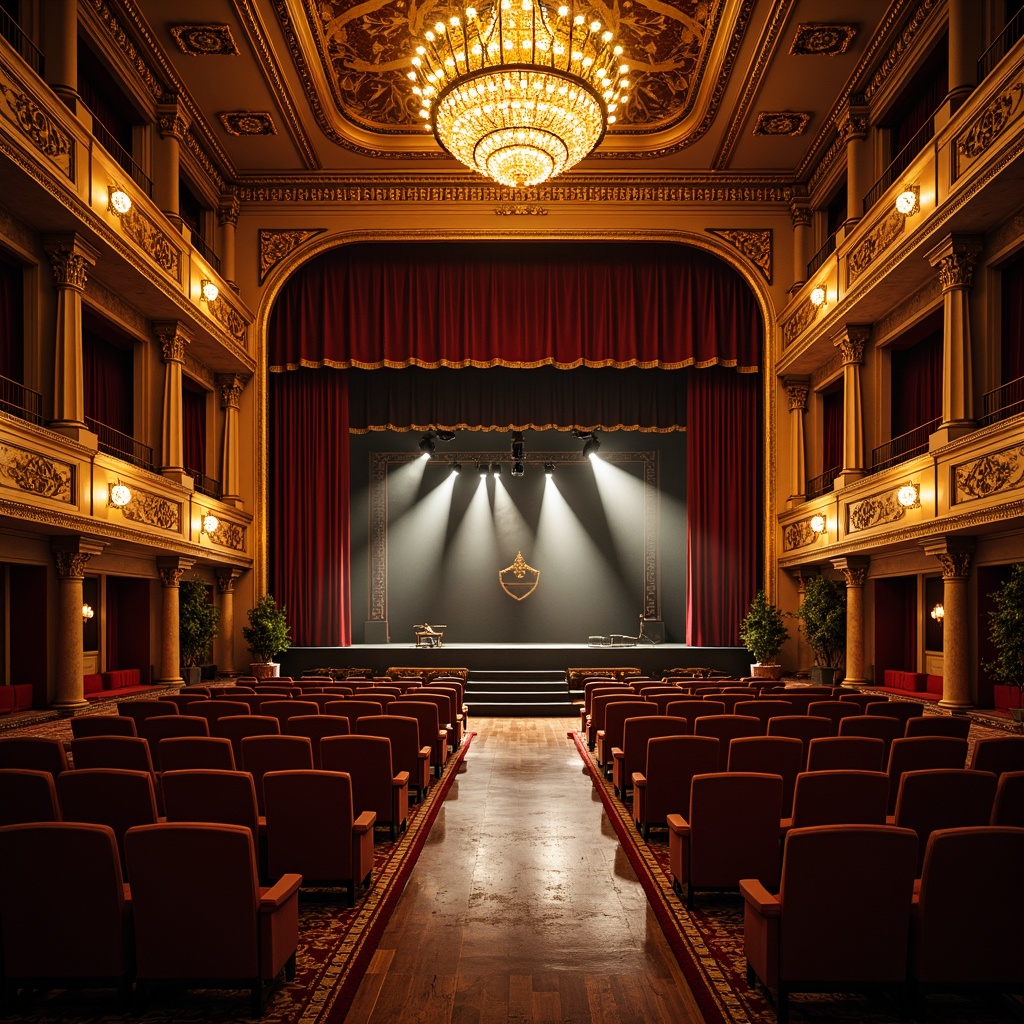 Prompt: Grand auditorium, ornate chandeliers, intricate moldings, luxurious velvet curtains, polished wooden floors, gilded accents, majestic stage, dramatic spotlights, plush seating, ornamental railings, sweeping staircases, elegant balconies, richly patterned carpets, warm golden lighting, shallow depth of field, 1/2 composition, symmetrical framing, realistic textures, ambient occlusion.