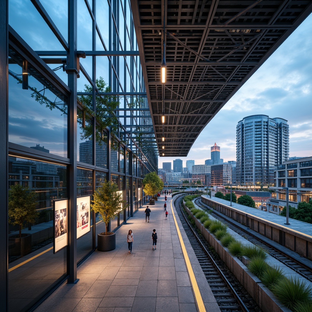 Prompt: Futuristic metro station, dynamic LED lighting, sleek glass fa\u00e7ade, angular metal frames, vibrant cityscape, bustling urban atmosphere, modern transportation hub, efficient passenger flow, spacious interior, natural stone flooring, stainless steel accents, geometric patterned ceilings, advanced ventilation systems, energy-efficient solutions, green roofs, panoramic views, shallow depth of field, 3/4 composition, realistic textures, ambient occlusion.