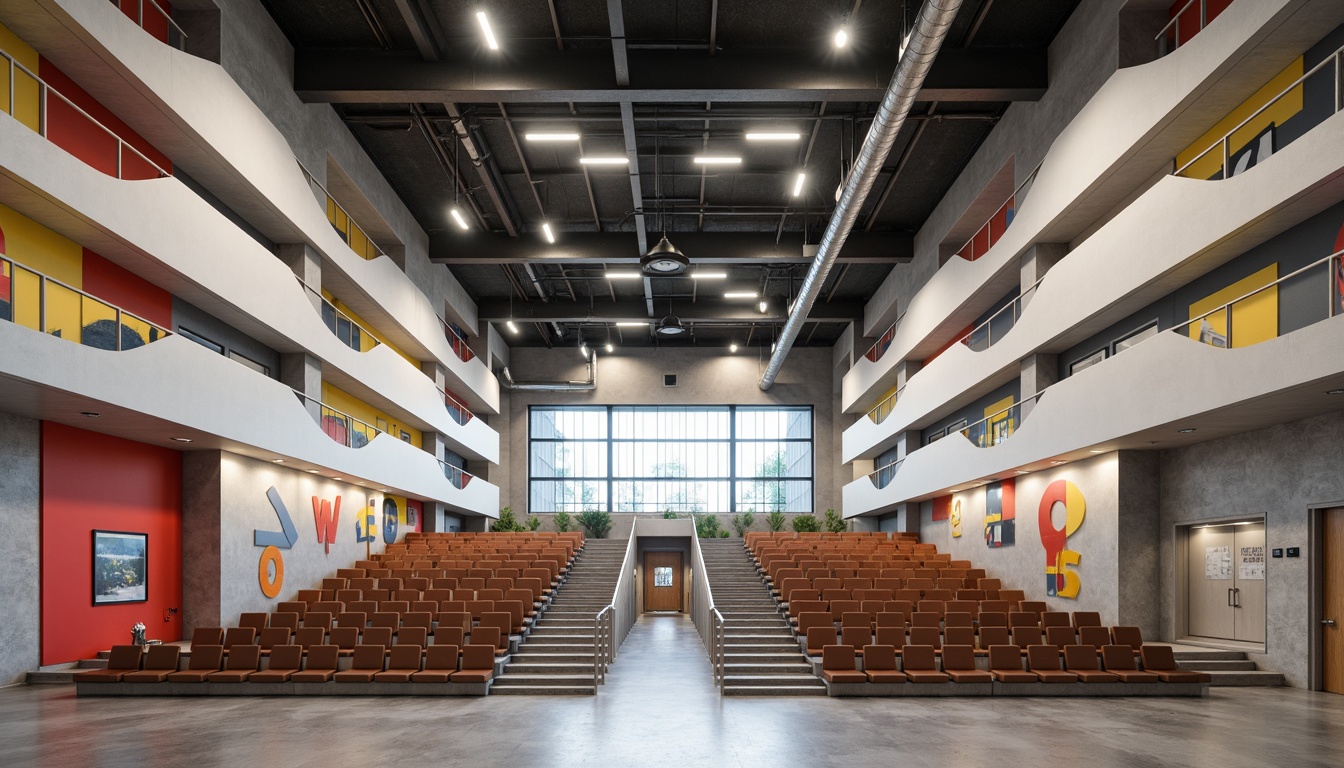 Prompt: Geometric auditorium, minimalist seating, industrial lighting fixtures, exposed ductwork, polished concrete floors, steel beams, functionalist architecture, rectangular shapes, primary color accents, bold typography, cantilevered balconies, asymmetrical compositions, natural light pouring in, high ceilings, open floor plans, modernist design elements, brutalist textures, abstract artwork, educational settings, collaborative learning spaces, flexible seating arrangements, moveable partitions, acoustic panels, sound-absorbing materials.