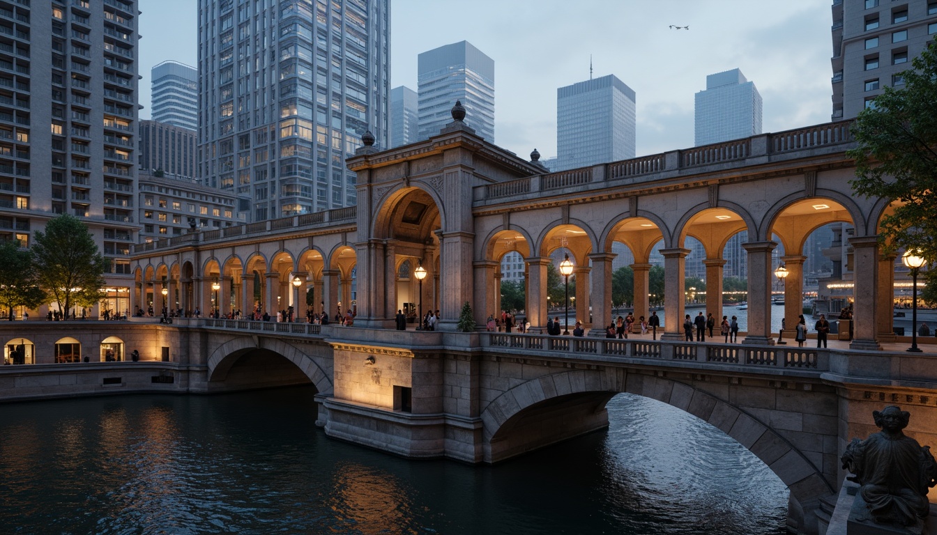 Prompt: Grandiose Baroque-style bridge, ornate stone carvings, sweeping arches, majestic river views, urban cityscape, modern skyscrapers, bustling streets, vibrant streetlights, misty evening atmosphere, warm golden lighting, shallow depth of field, 1/2 composition, symmetrical framing, realistic water reflections, ambient occlusion.