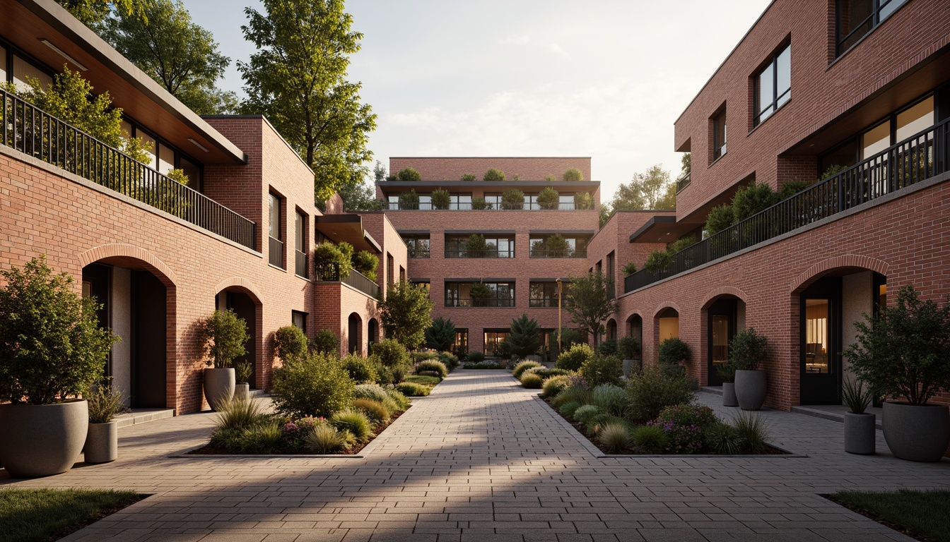 Prompt: Rustic brick buildings, modern masonry techniques, textured stone walls, ornate archways, grand entrance gates, intricate stonework patterns, earthy color palette, natural materials, sustainable architecture, eco-friendly design, green roofs, living walls, urban landscape, cityscape views, dramatic lighting effects, high-contrast shadows, 1/2 composition, symmetrical framing, warm golden hour lighting, realistic textures, ambient occlusion.