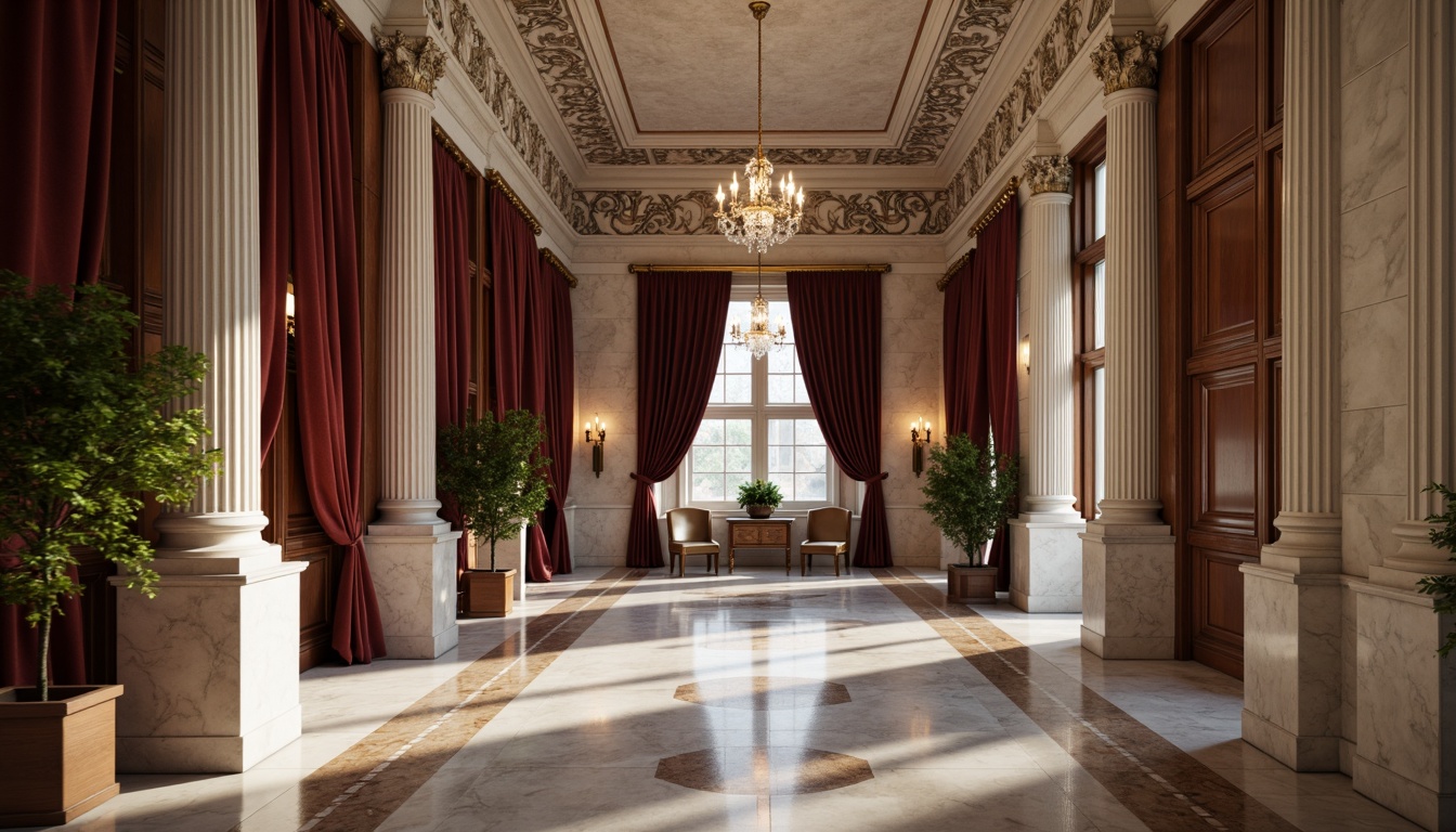 Prompt: Elegant neoclassical building, ornate stone carvings, smooth marble columns, intricate moldings, luxurious velvet drapes, rich wood paneling, polished bronze fixtures, crystal chandeliers, subtle gradient lighting, soft focus blur, 1/2 composition, symmetrical framing, realistic reflections, ambient occlusion.