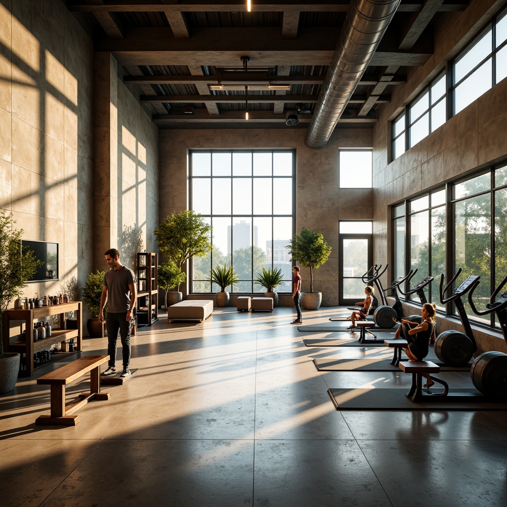 Prompt: Modern fitness studio, large windows, natural stone walls, wooden floors, mirrored surfaces, professional gym equipment, free weights, cardio machines, yoga mats, calm atmosphere, soft warm lighting, shallow depth of field, 3/4 composition, panoramic view, realistic textures, ambient occlusion, urban cityscape, morning sunlight, greenery views, minimalist decor, industrial chic style, exposed ductwork, polished concrete floors.