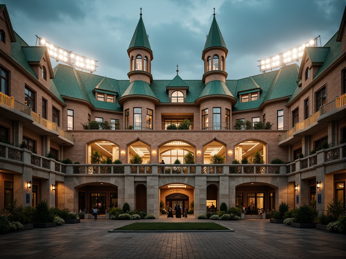 Prompt: Majestic football stadium, Romanesque style facades, ornate stone carvings, grand archways, rusticated columns, vibrant green roofs, intricate brick patterns, imposing clock towers, dramatic floodlighting, atmospheric mist effects, shallow depth of field, 1/2 composition, symmetrical architecture, warm golden lighting, realistic textures, ambient occlusion.