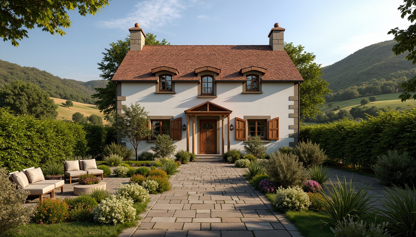 Prompt: Rustic rural cottage, symmetrical facade, ornate wooden doors, arched windows, stone walls, pitched roofs, clay tiles, vintage lanterns, lush greenery, blooming flowers, rolling hills, serene countryside, warm sunny day, soft natural lighting, shallow depth of field, 1/1 composition, realistic textures, ambient occlusion.