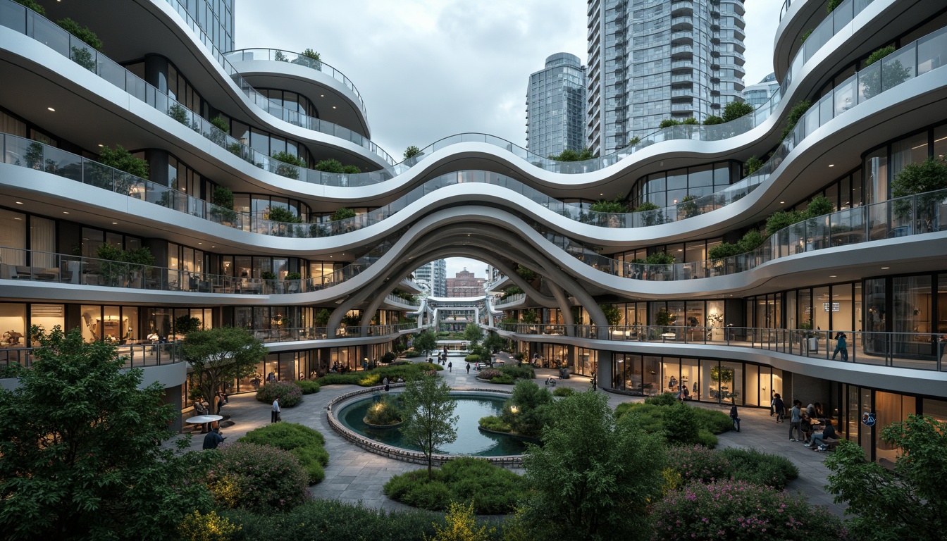 Prompt: Undulating curves, flowing lines, organic shapes, futuristic architecture, sleek metal buildings, iridescent glass facades, shimmering LED lights, dynamic movement, kinetic energy, fluidic forms, biomimetic design, sustainable materials, eco-friendly systems, verdant green roofs, misty atmospheric effects, soft warm lighting, shallow depth of field, 1/1 composition, realistic textures, ambient occlusion.