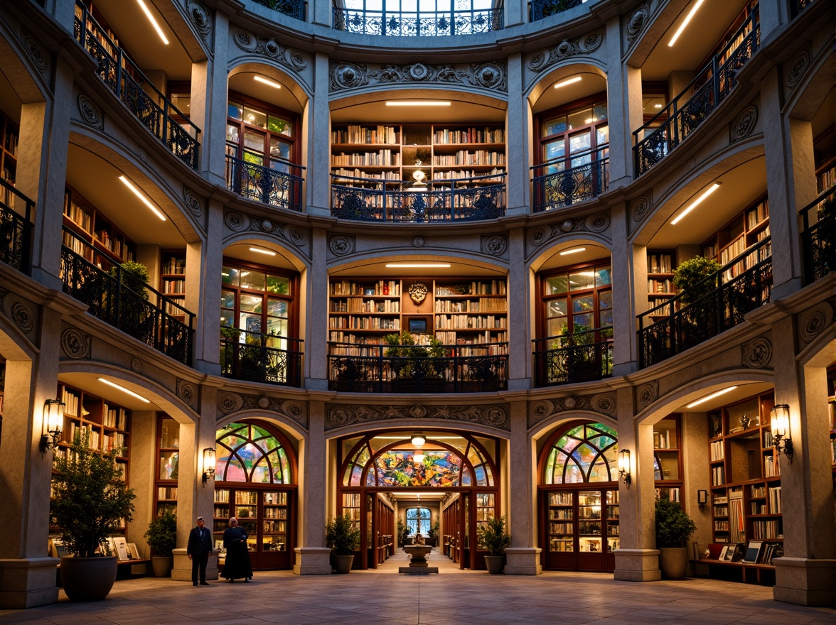 Prompt: Grandiose library facade, eclectic architectural style, ornate stone carvings, intricate metalwork, vibrant stained glass windows, majestic entrance archways, imposing columns, ornamental balconies, richly patterned textiles, warm golden lighting, shallow depth of field, 1/2 composition, symmetrical framing, realistic material textures, ambient occlusion.